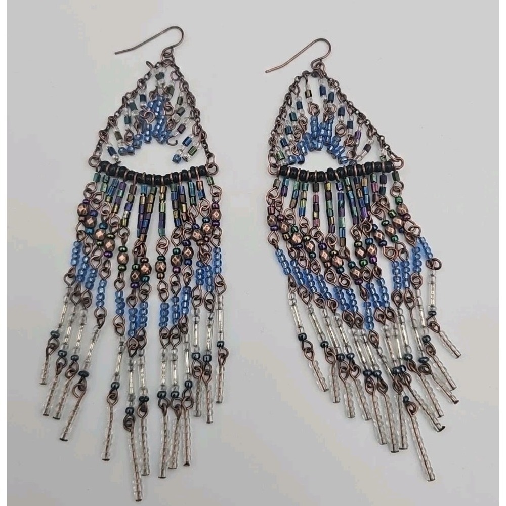Boho Beaded Dangle Earrings Blue Brown Seed Bead Fringe Festival Jewelry